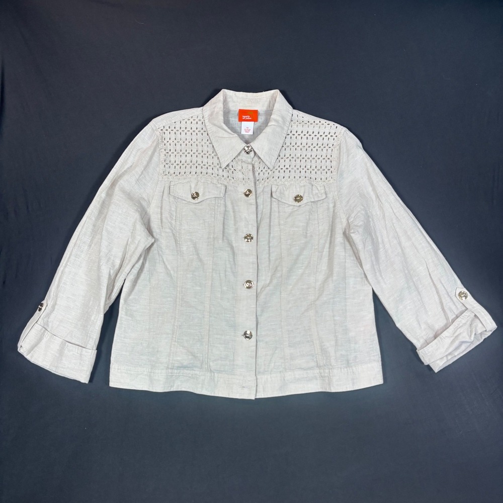 Hearts of Palm Womens Beige Linen Blend Eyelet Yoke Button Up Jacket Size 14